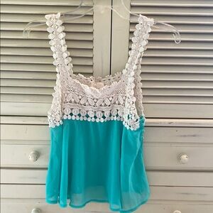 White and Aqua Lace Trim Women's Top